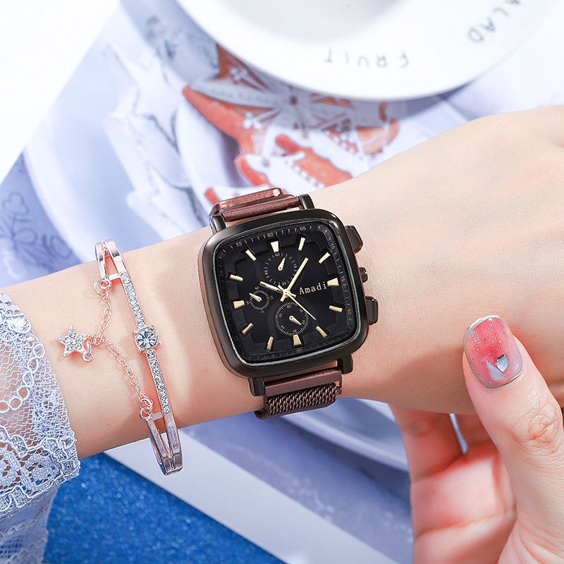 Orologio da donna Orologio quadrato Orologio a tre occhi Lega a maglie con moda Orologio casual Orologio da donna alla moda per studenti_voghion.com