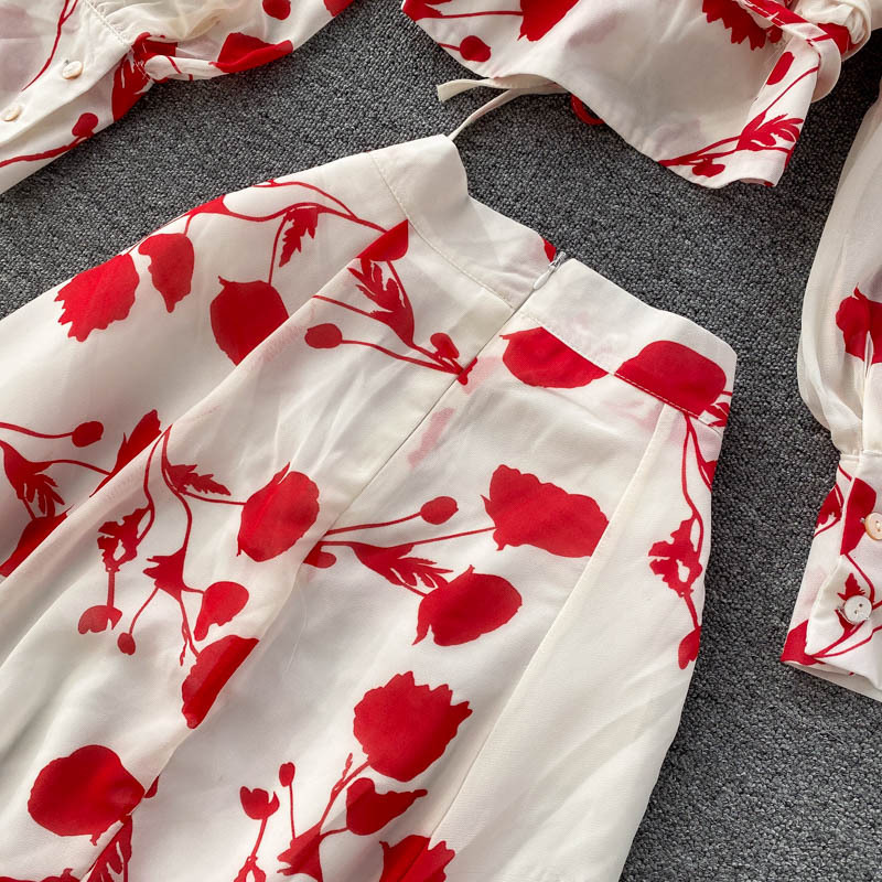 Chemise courte en mousseline de soie imprimée de style resort pour femmes, avec jupe fendue à bords d'oreilles funky, ensemble deux pièces tendance_voghion.com