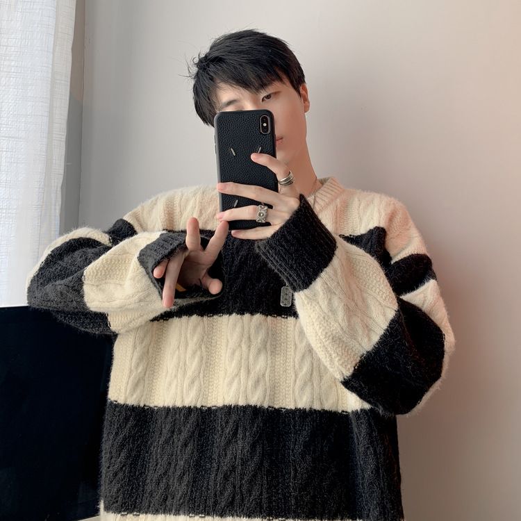 Maglione caldo versatile da uomo, in maglia a blocchi di colore, autunno inverno, a righe_voghion.com