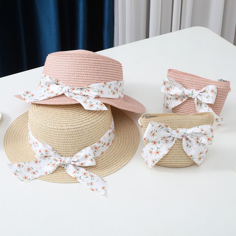 Cappello da pescatore con fiocco in paglia, protezione solare estiva per genitori e figli, con parasole piatto per bambini, set di borse, alla moda_voghion.com
