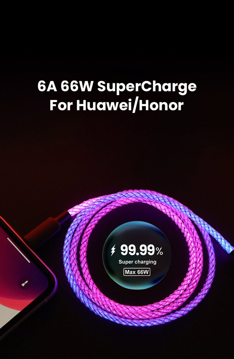 Câble de charge rapide RGB 100W, lumière respiratoire 66W, câble de données USB C de type C, adapté à l'ordinateur portable Samsung Huawei, 30W rapide_voghion.com