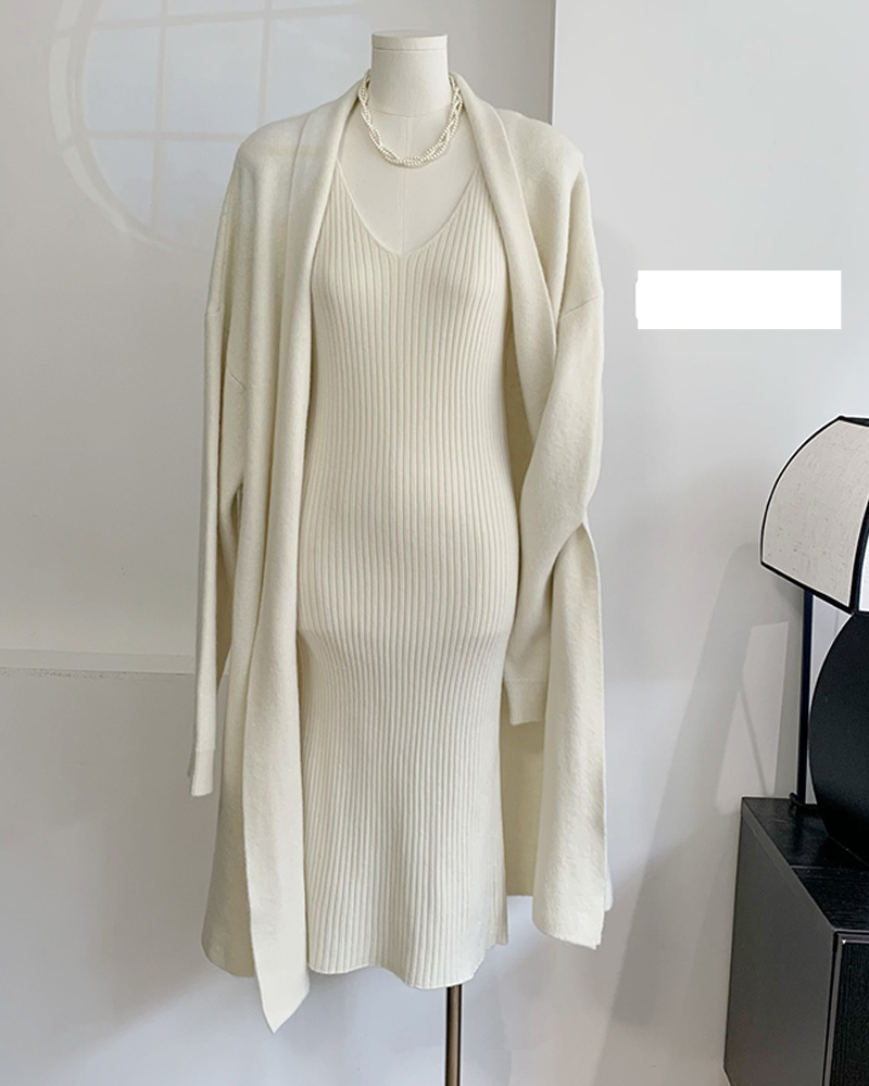 Damenbekleidung, gestrickter Anzug, elegantes Weste-Kleid für Damen + lange Strickjacke, heiß_voghion.com