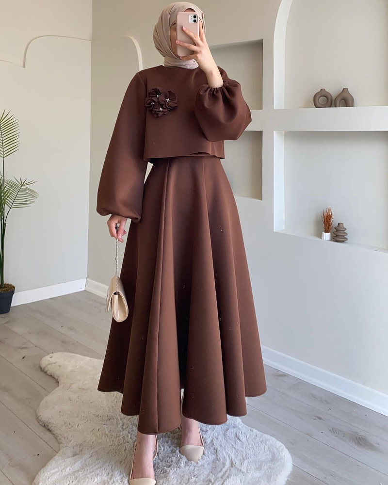 Midden-Oosten Dubai Spot 2024 Nieuwe mode Losse lantaarn Lange mouwen bloemen top jurk Dames rok Tweedelige set_voghion.com