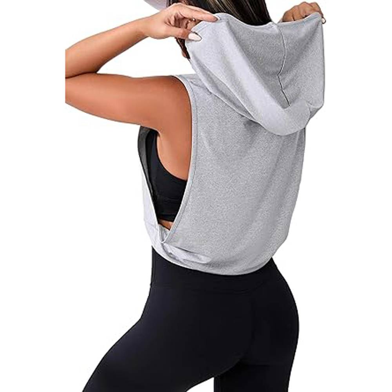 Felpa con cappuccio senza maniche da donna, cardigan, felpa laterale, canotta corta_voghion.com