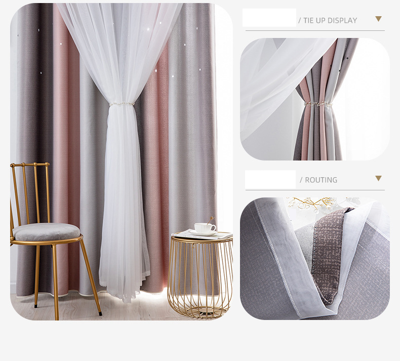 Morandi Gradient Stripes Hollow Stars Double Layer Integrated Blackout Gauze Curtains_voghion.com