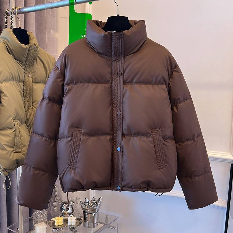 Pufferjacke aus PU-Leder für Damen, kurzer Stehkragen, dicker Slim Fit-Mantel mit Taschen für Freizeit- und Bürokleidung (Schwarz/Grün/Braun/Creme)_voghion.com