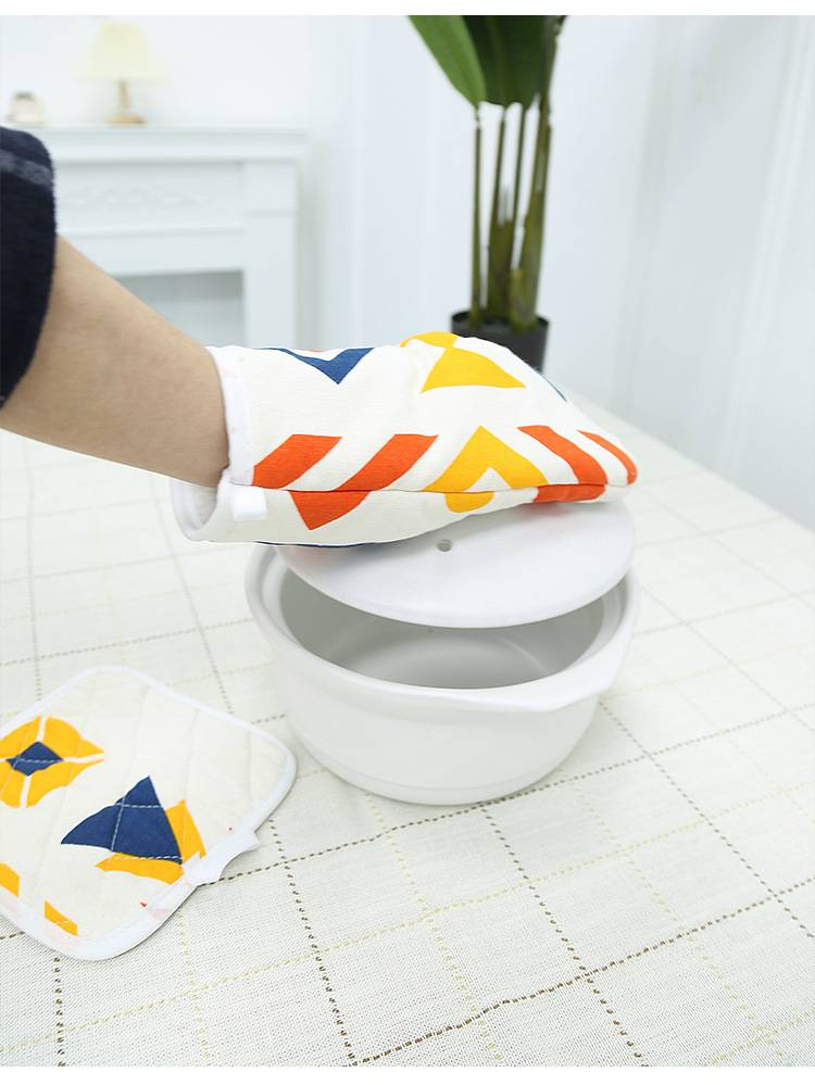 Bohemian Style Microwave Oven Mitts Set - Heat Resistant Cotton Linen Gloves For Baking & Cooking (26cm Length, Geometric Pattern, Yellow)_voghion.com
