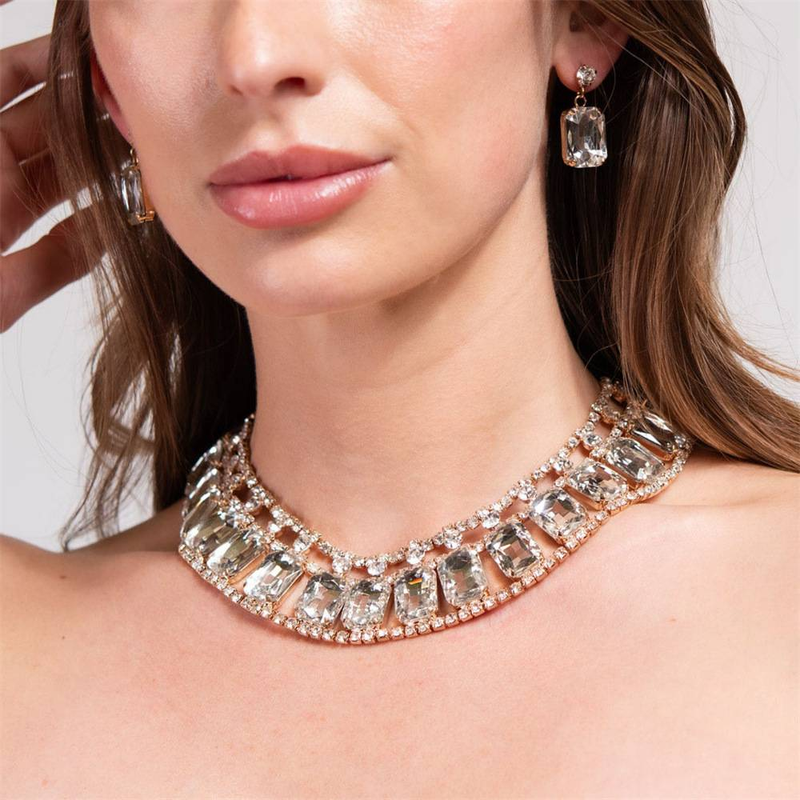 Set di gioielli da donna - Elegante collana e orecchini con strass per matrimoni, feste e occasioni speciali. Collana con gioielli da sposa per feste di nozze._voghion.com