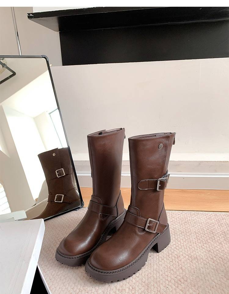 Bottes d'équitation à talons épais pour femme - Bottes mi-mollet en cuir avec fermeture éclair à l'arrière, bout rond, semelle antidérapante pour l'hiver, le printemps et l'automne._voghion.com