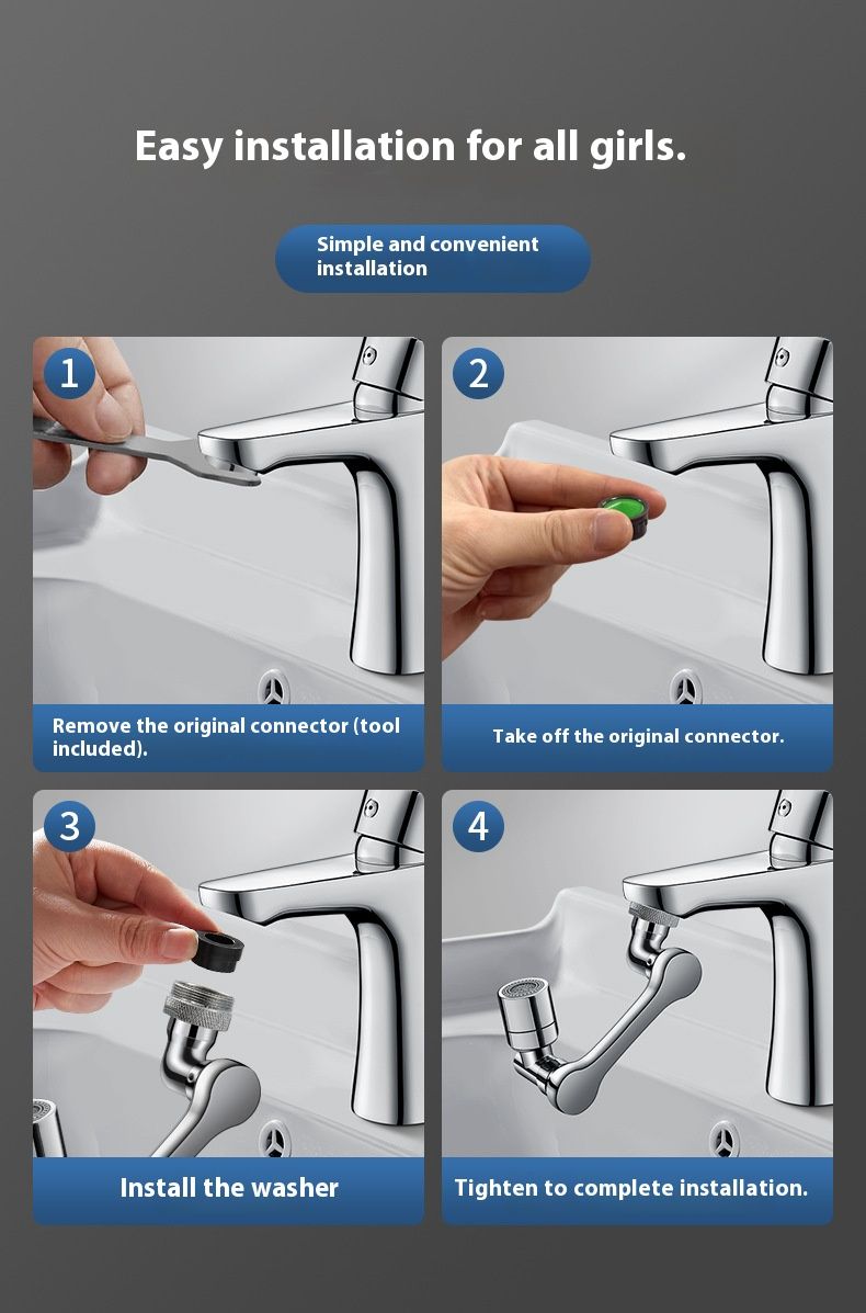 360° drehbarer Wasserhahn-Verlängerungsarm – verstellbarer Schwenkadapter aus Zinklegierung/Kupfer mit Spritzschutz-Design, universell passend für moderne Spülbecken_voghion.com