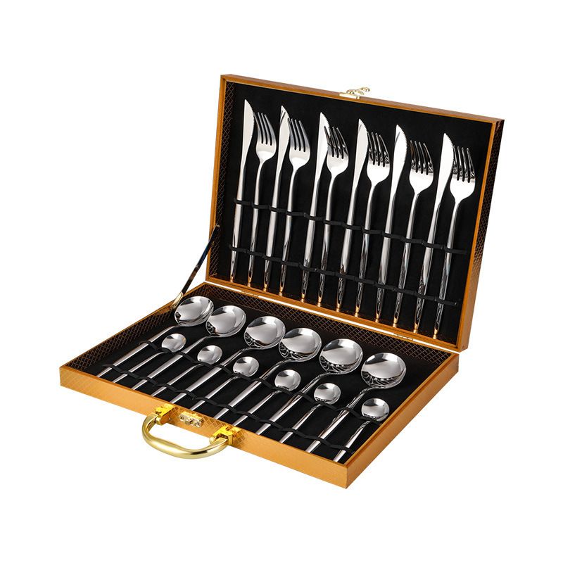 Steakmesser, Gabel und Löffel im Western-Stil aus Edelstahl, 24-teiliges Set in Geschenkbox, Küchengeschirr als Festivalgeschenk_voghion.com
