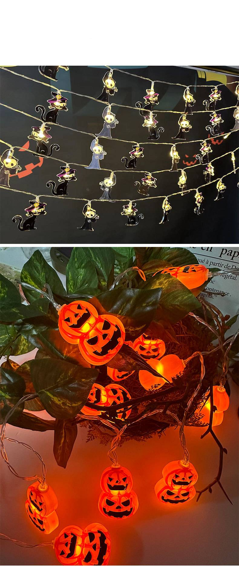 Halloween LED String Lights - Battery Powered, 10-30 LED Spooky Shapes (Ghosts, Witches, Pumpkins), 3 Lighting Modes, Indoor/Outdoor Decor_voghion.com