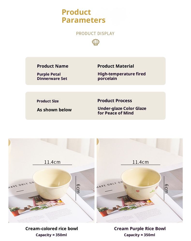 "Floral Wisteria & Cream Ceramic Bowl Set - Microwave Safe Hand-Painted Dinnerware With Spoons, Plates & Serving Bowls For Home Dining"_voghion.com