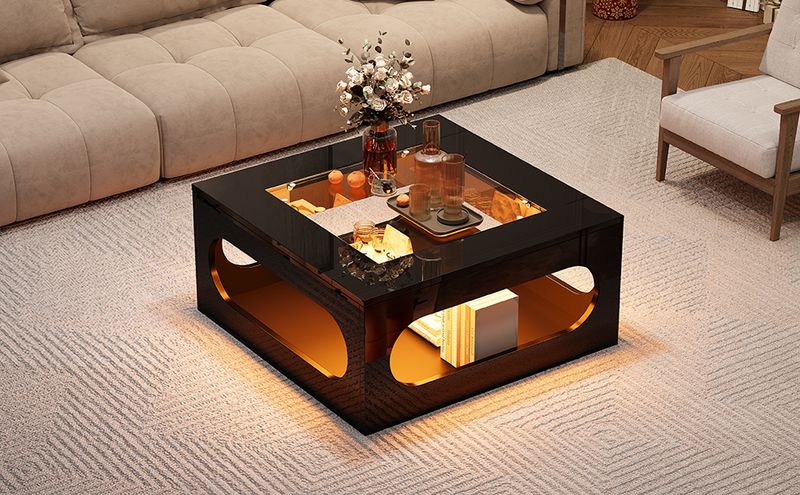 LED Quadratischer Wohnzimmertisch, Ausgehöhlter Couchtisch In Der Mitte, Teetisch Mit Tischplatte Aus breitem Glas,Weihnachtsfeiertisc_voghion.com