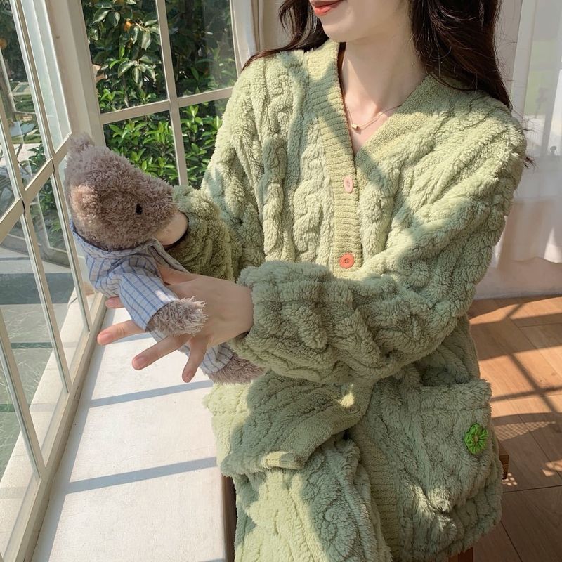 Herbst und Winter New Shu Cotton Lint Thickened Cardigan Pyjamas Loungewear Set_voghion.com
