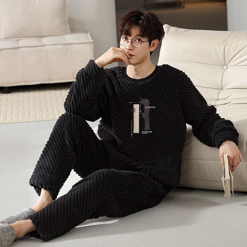 Men's Coral Pajamas with Thick Velvet for Autumn Winter, Loose and Easy to Wear, Long Sleeve Hooded Home Clothes Set_voghion.com