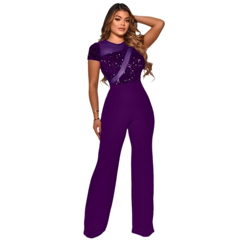 Women's Clothing Sequin Stitching Wide Leg Pants Short Sleeved Jumpsuit_voghion.com