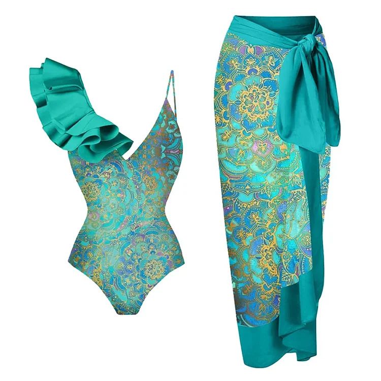 Nouveau maillot de bain une pièce pour femmes avec maillot de bain une pièce imprimé de style ethnique à volants et jupe portefeuille_voghion.com