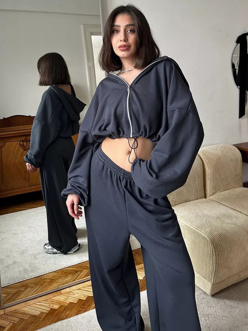 Women's Casual Suit Solid Color Long Sleeved Zipper Cardigan Drawstring Hooded Sweatshirt Sports Elastic Pants Two-piece_voghion.com