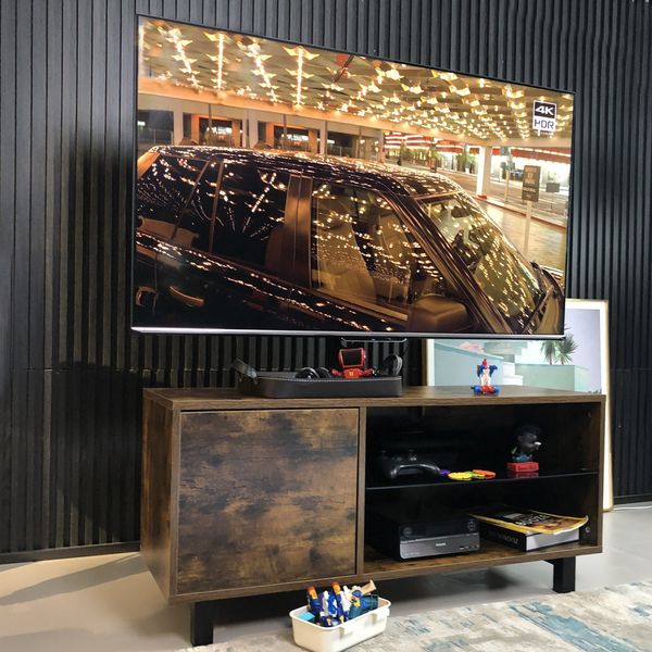 Rustic Brown TV Console With Push-to-open Storage Cabinet For TV Up To 65in Wood &glass TV Stand For Living Room Bedroom_voghion.com