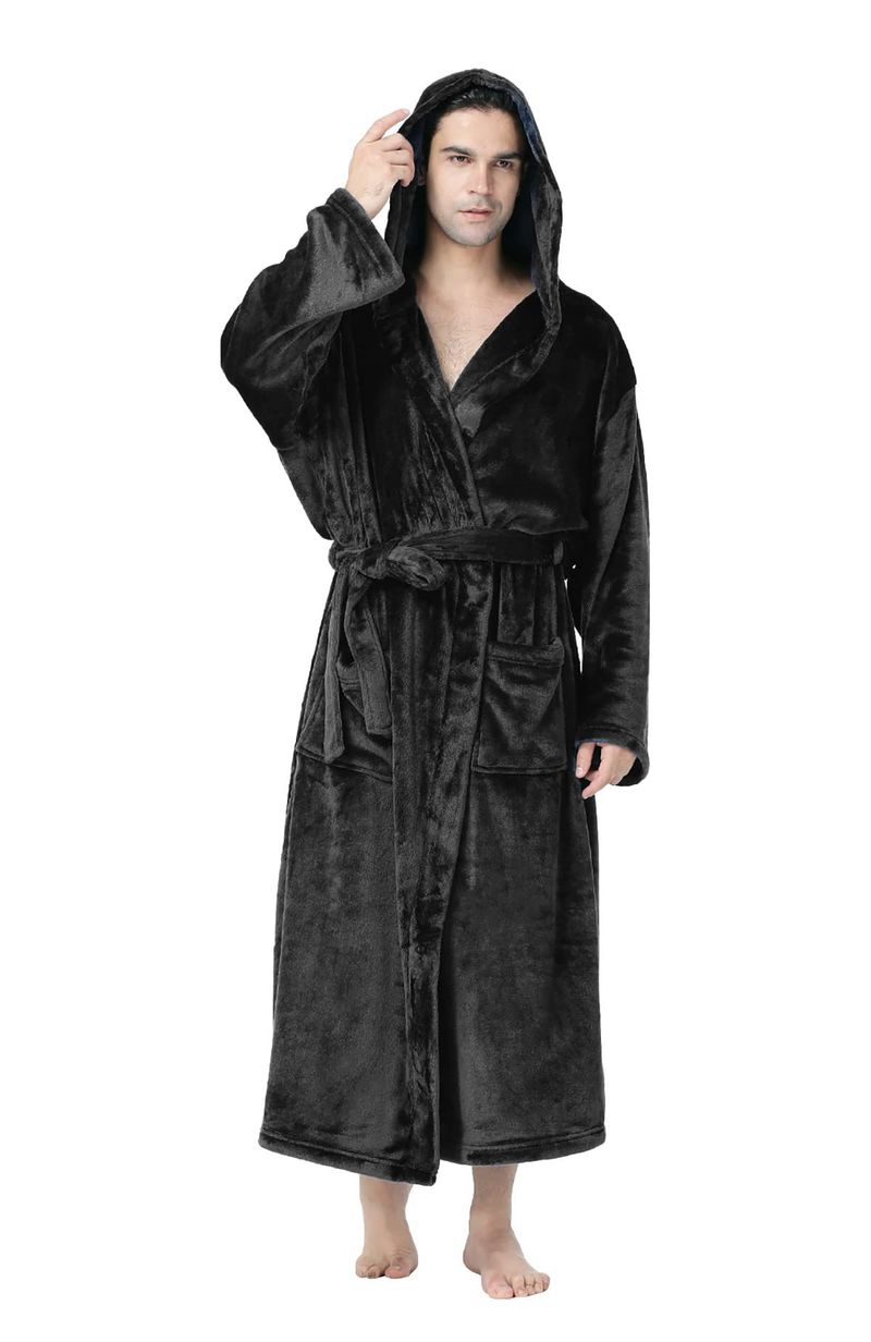 Men's Hooded Bathrobe, Soft Plush Spa Robe with Two Front Pockets, Luxury Pajamas_voghion.com