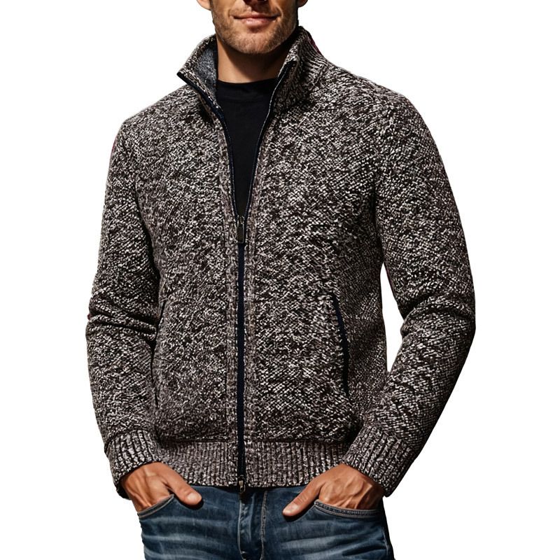 Autumn And Winter European Size Long Sleeved Stand Collar Zipper Cardigan Sweater Men's Plus Velvet Warm Sweater Men's Jacket_voghion.com