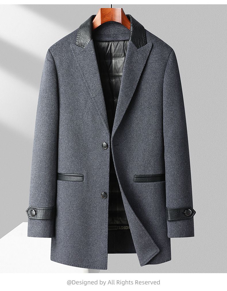 Men's Wool Blend Overcoat With Down Lining, Slim Fit, Double-Breasted, Mid-Length Winter Coat For Dad, Black & Grey_voghion.com