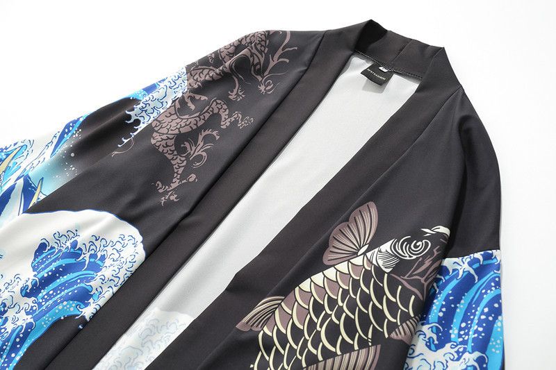Ukiyo-e taoistiske kåber til mænd og kvinder, havbølger, karpeprint, kimono, løse fem quaer-ærmer, hawaiiansk stil_voghion.com