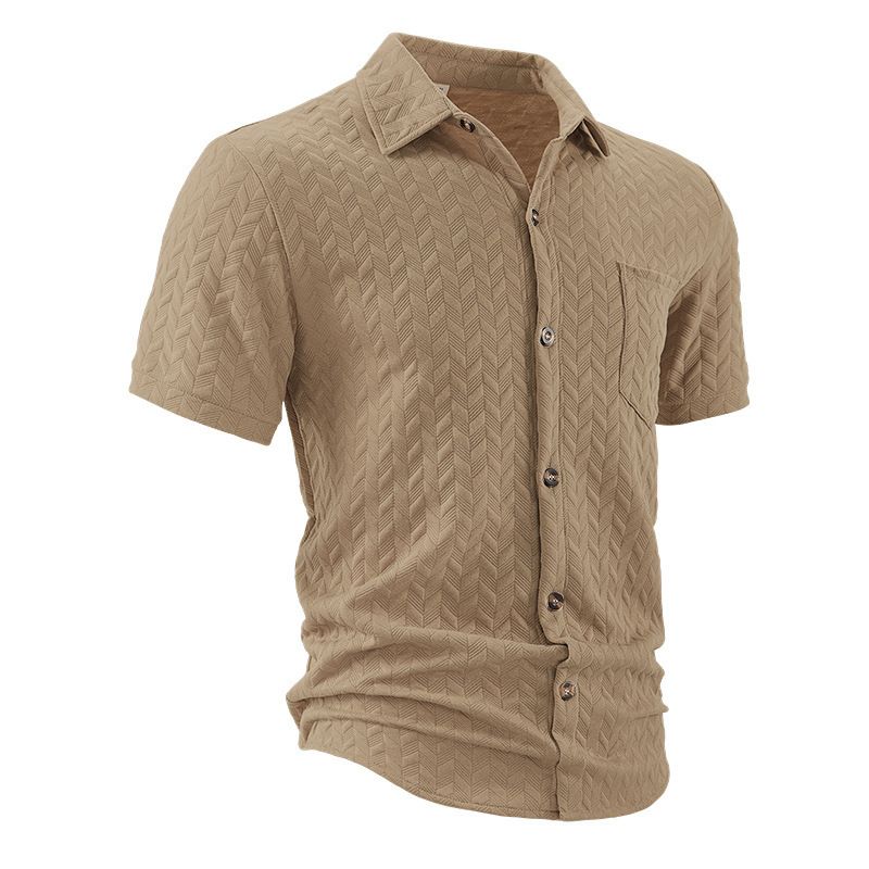 Men's Short-sleeved T-shirt Casual Jacquard Slim Breathable Lapel Short-sleeved Shirt_voghion.com
