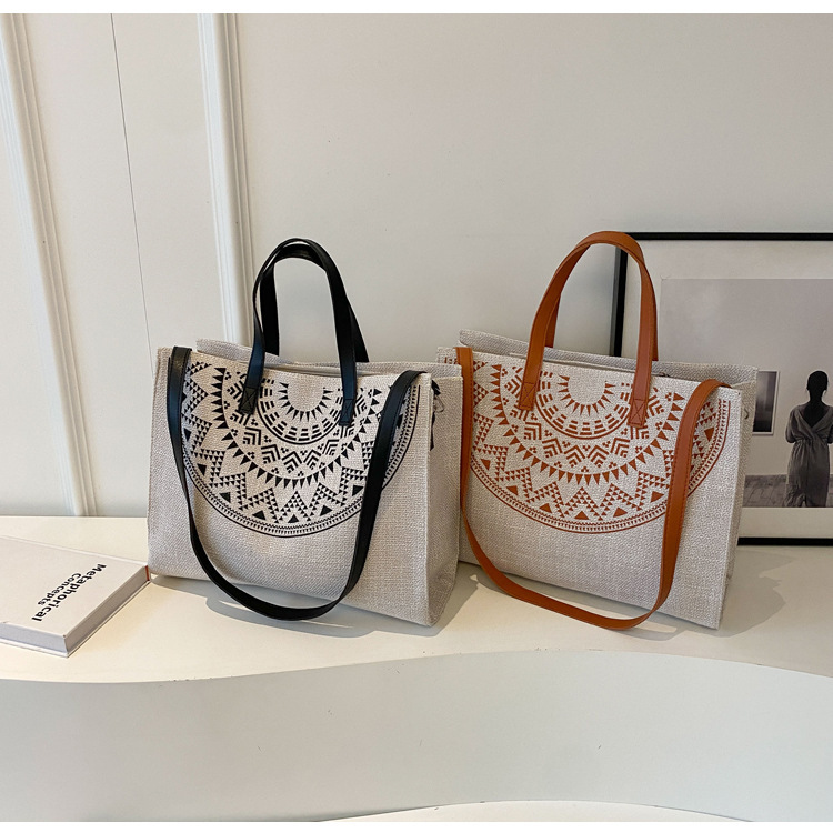 2024 Yeni Orman Tek Omuz Crossbody Çanta Tote Çanta Keten Doku Büyük Çanta Kadın Etnik Tarzı Çanta_voghion.com