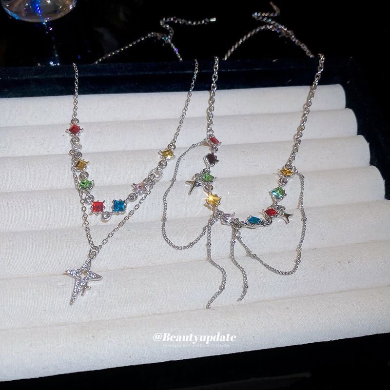 Diamond Studded Colorful Star Tassel Necklace Light Luxury High-end Feel, Collarbone With A Cold Personality And_voghion.com