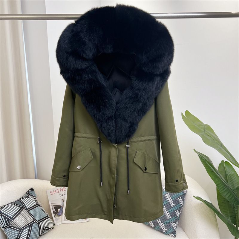 Damenbekleidung Abnehmbarer Parka aus Fuchspelz Mittellanger Kapuzenmantel_voghion.com