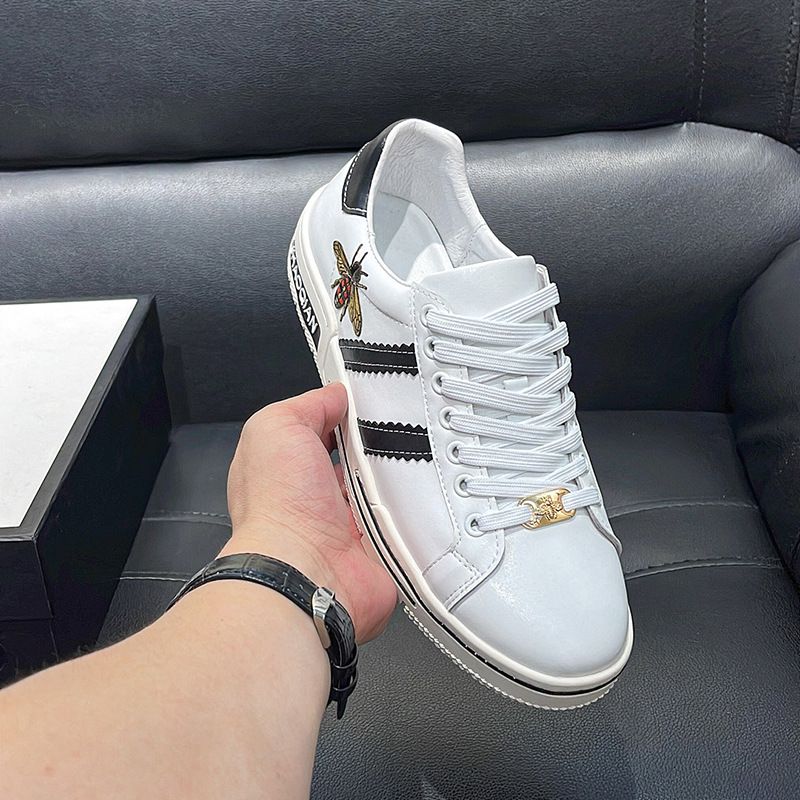 Fuguchi Little Bee Sneakers Embroidered Genuine Leather Luxury Brand High-end White Men's Trendy Shoes_voghion.com
