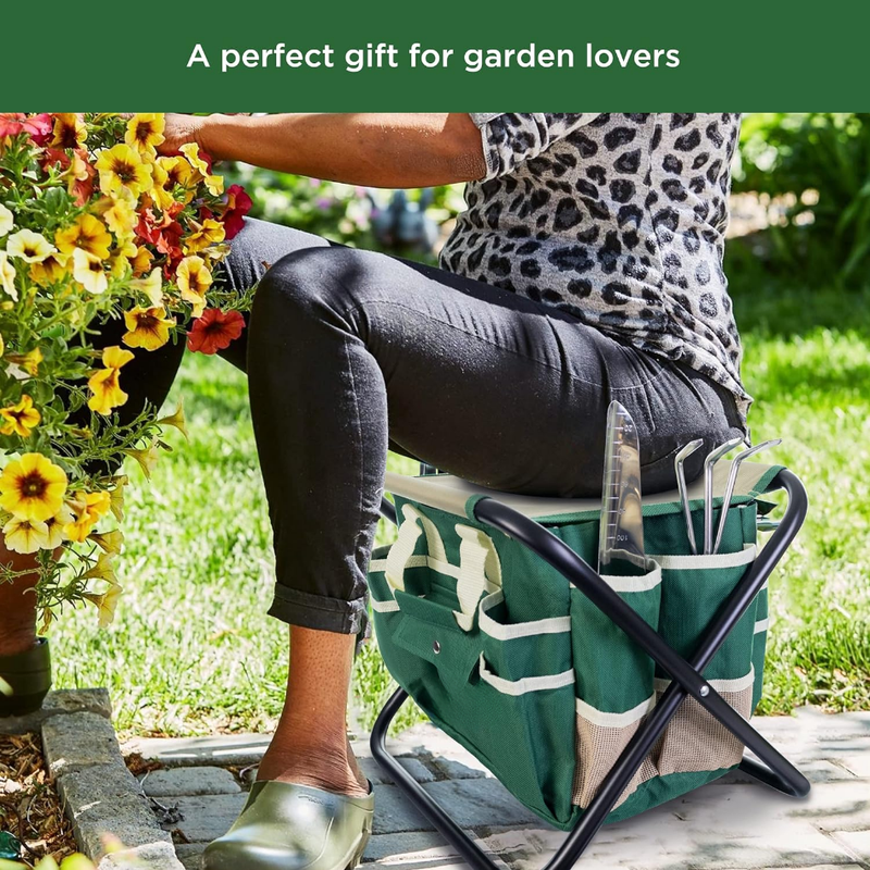 Ensemble d'outils de jardinage, 7 pièces, tabouret pliant et sac fourre-tout en toile amovible, vert et blanc, cadeaux de jardinage idéaux_voghion.com