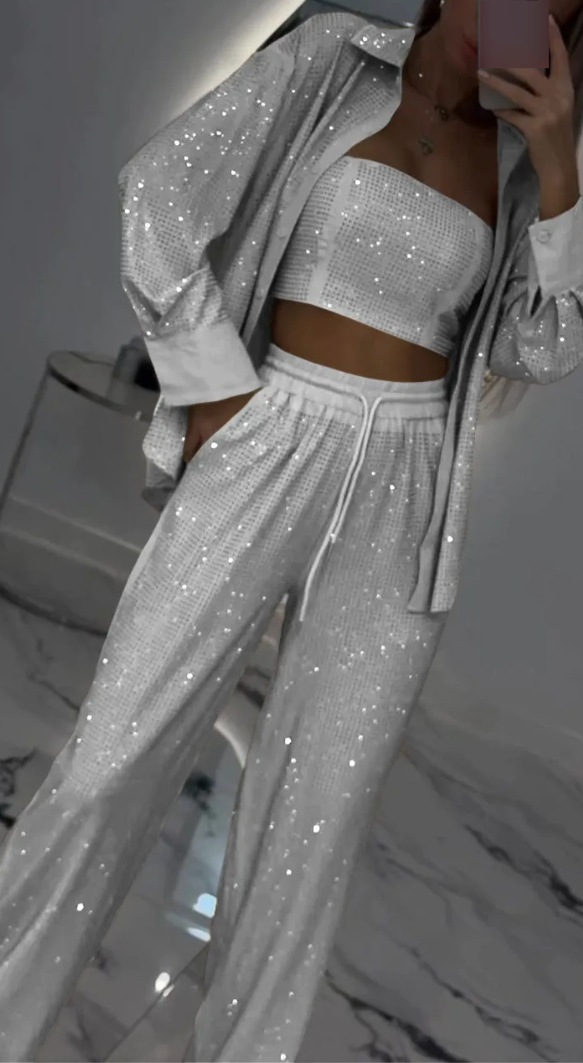 Damenbekleidung Lockerer, lässiger Anzug mit Pailletten, Jacke, Tube-Top, Hose mit weitem Bein, dreiteiliges Set_voghion.com
