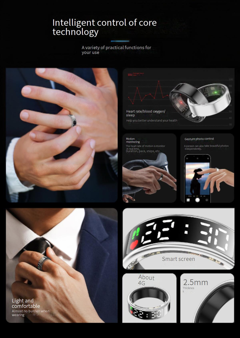 Nuovo SR08 Smart Activity Tracker con schermo touch, anello intelligente per la salute, monitoraggio del sonno, frequenza cardiaca e ossigeno nel sangue_voghion.com