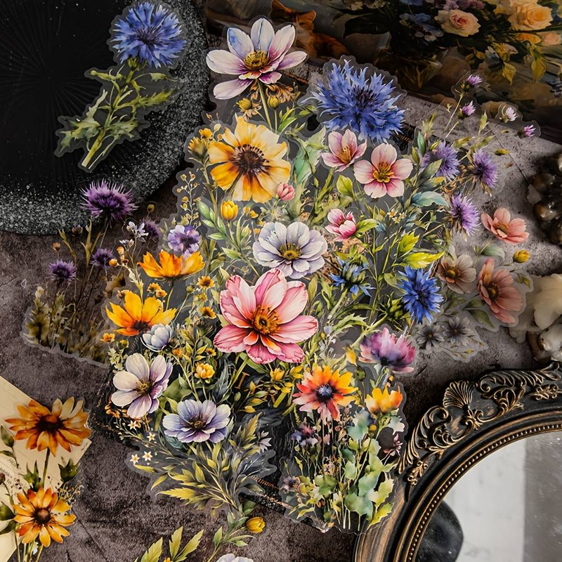 1 Piece Of 20 Large Size Watercolor Flower Pattern PET Decoration Manual Material Stickers_voghion.com
