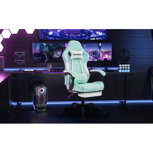 Sedia da gioco, schienale alto ergonomico con poggiapiedi, girevole a 360°, reclinazione regolabile, in similpelle, verde menta/giallo/nero, per gioco/ufficio/casa_voghion.com