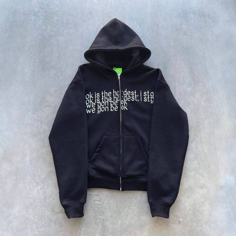 Herrenbekleidung Unisex Retro Print Zip-Up Hoodie – Klassischer Streetwear Pullover für Männer & Frauen | Lockere Passform, bequemes Fleecefutter | Schwarz, Grau_voghion.com