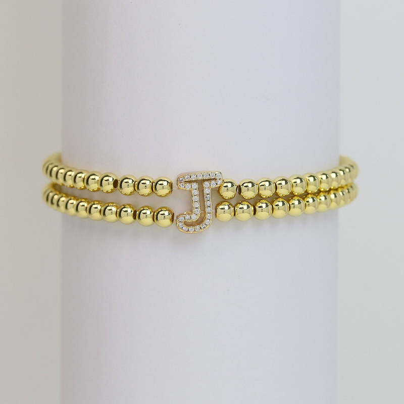 Pulseira elástica com contas de alfabeto em latão banhado a ouro 18K, joias femininas, pingente inicial estiloso, corda elástica com 26 letras, corda elástica com contas_voghion.com