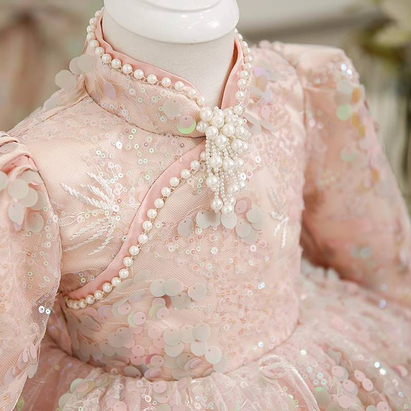 Elegante abito da principessa per bambine - Abito da ballo a maniche lunghe con gonna a sbuffo per recital, spettacoli e occasioni speciali (rosa, 80-150 cm)_voghion.com