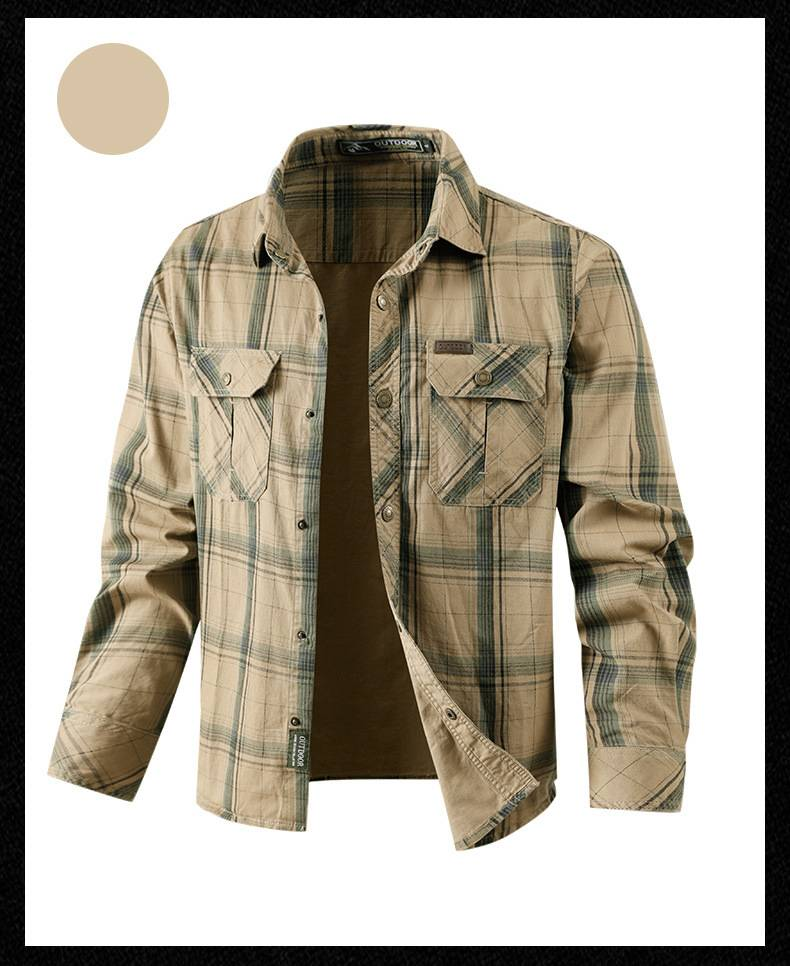 Men's Classic Plaid Work Shirt, 100% Cotton Long Sleeve Button-Up, Relaxed Fit For Business Casual & Outdoor Wear, Available In Army Green/Khaki/Navy_voghion.com