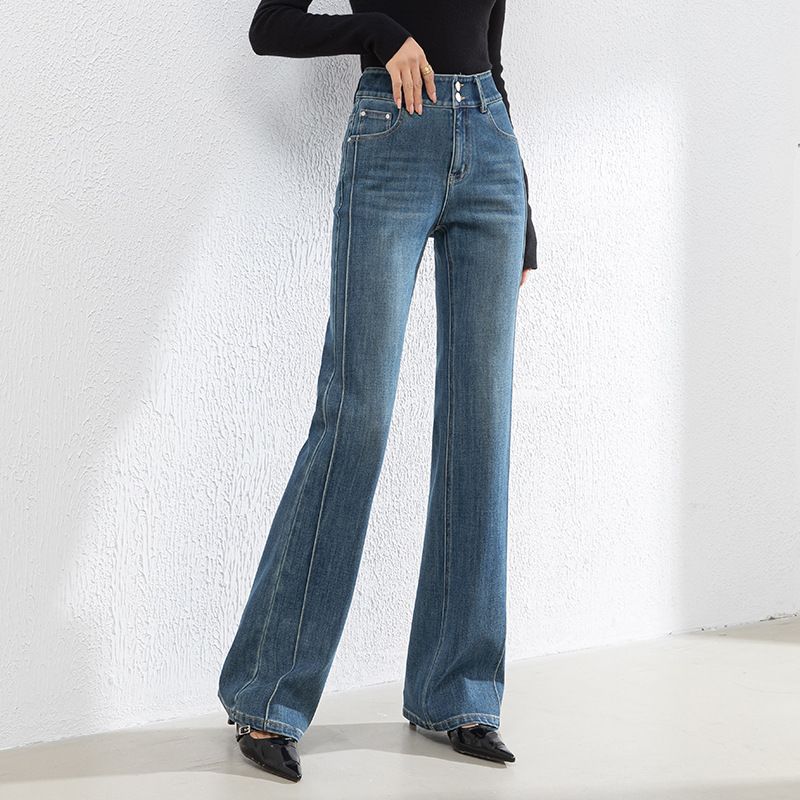 Damen-Stretch-Schlagjeans mit hohem Bund – 4-Wege-Elastik, Bootcut-Jeans (lang, schmal geschnitten, koreanischer Stil)_voghion.com
