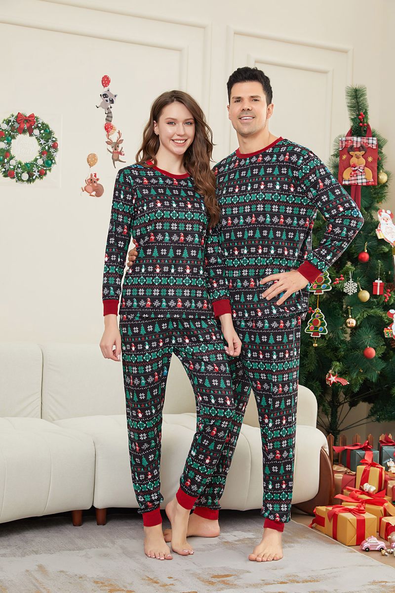Christmas tree stripes full of flowers Christmas family clothing printed home clothes pajamas_voghion.com