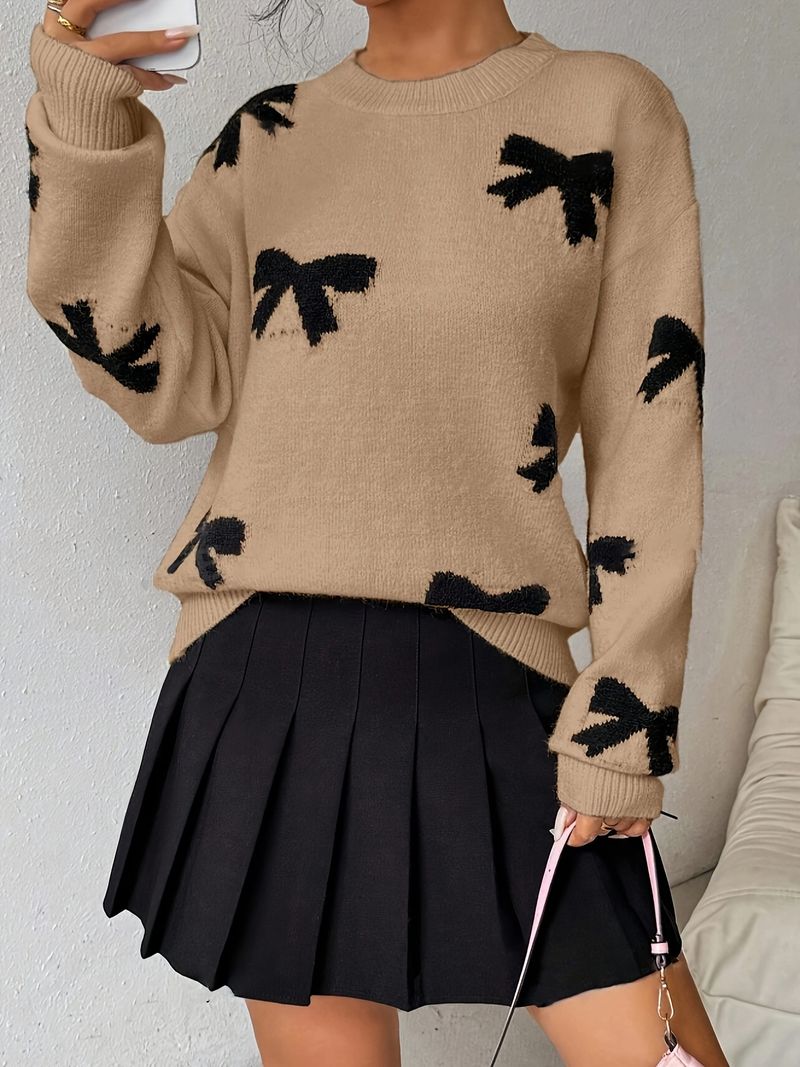 Women's Knit Sweater With Bow Detail – Oversized Long-Sleeve Pullover (S-L, Polyester, Elegant & Casual)_voghion.com