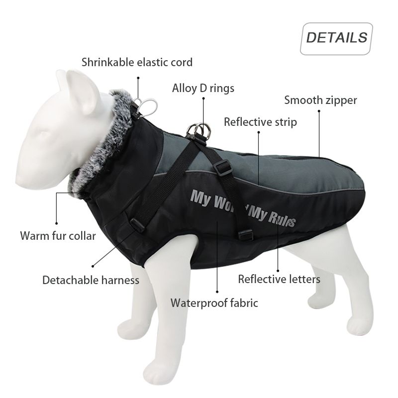 Jacket Fur Collar, Winter Clothin, Waterproof Coat Lare Dos With Detachable Harness, Outfit For Mop Do French By PawParty Store_voghion.com