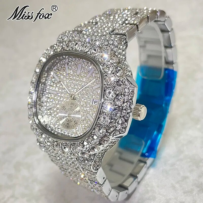 Hip Hop Marke MISSFOX Mode Iced Out Uhren Männer Voller Diamanten Gold Automatische Datum Uhr Stahl Wasserdichte Uhr Männlich_voghion.com