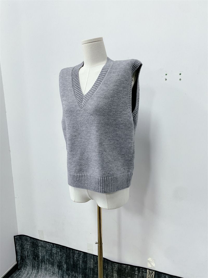 Nouveau pull-over en tricot ample sans manches à col en V pour femme, style universitaire, polyvalent_voghion.com