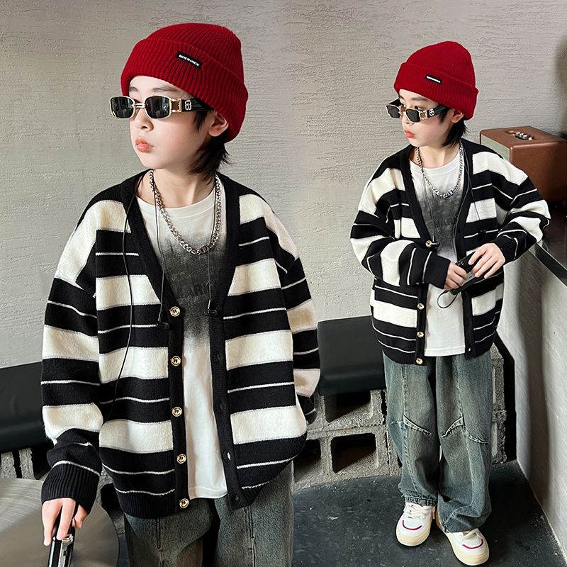 Robe tricotée pour garçons, nouvelle édition coréenne 2024, manteau rayé, pull pour enfants, cardigan printemps et automne_voghion.com