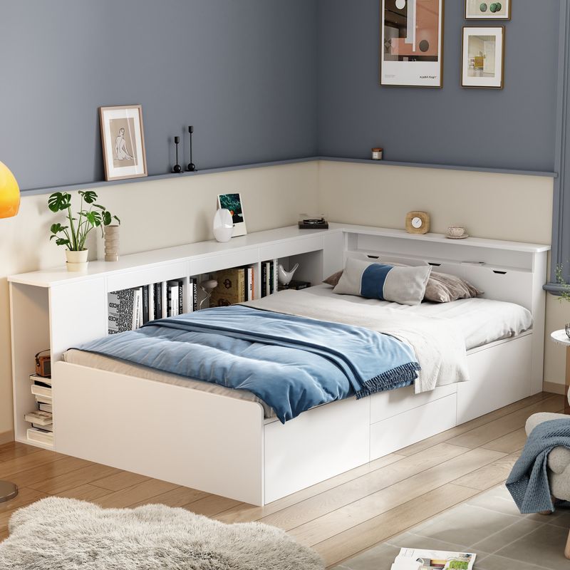 Lit enfant 90 x 200 cm, lit simple multifonction avec tiroirs de rangement, bibliothèque, armoire de rangement et compartiment de rangement sous le siège, blanc, matelas non inclus._voghion.com